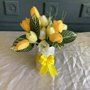Spring/easter yellow tulip centerpiece with glitter and painted upcycled tin can